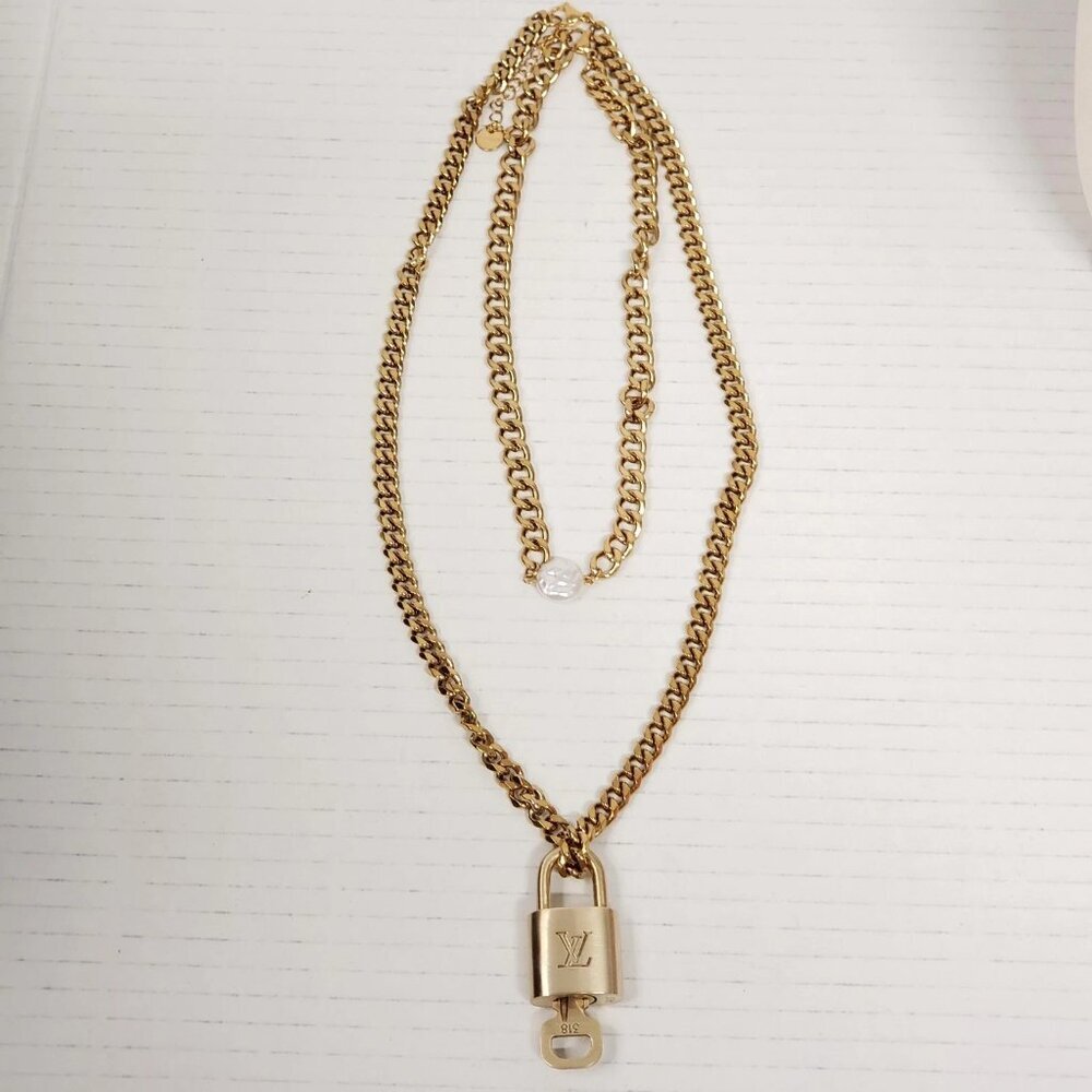 Auth Louis Vuitton Lock&Key Gold w/Unbranded Cuban Style Stainless Double Chain - Picture 10 of 14